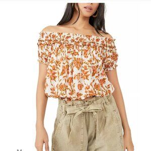 Free People Floral-Print Off-The-Shoulder Elastic-Hem Suki Top- Size M -…